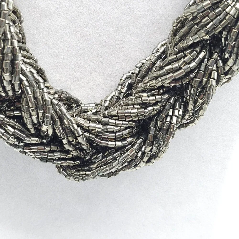 Braided Metallic Silver Beaded Necklace With Adjustable Lobster Clasp Closure